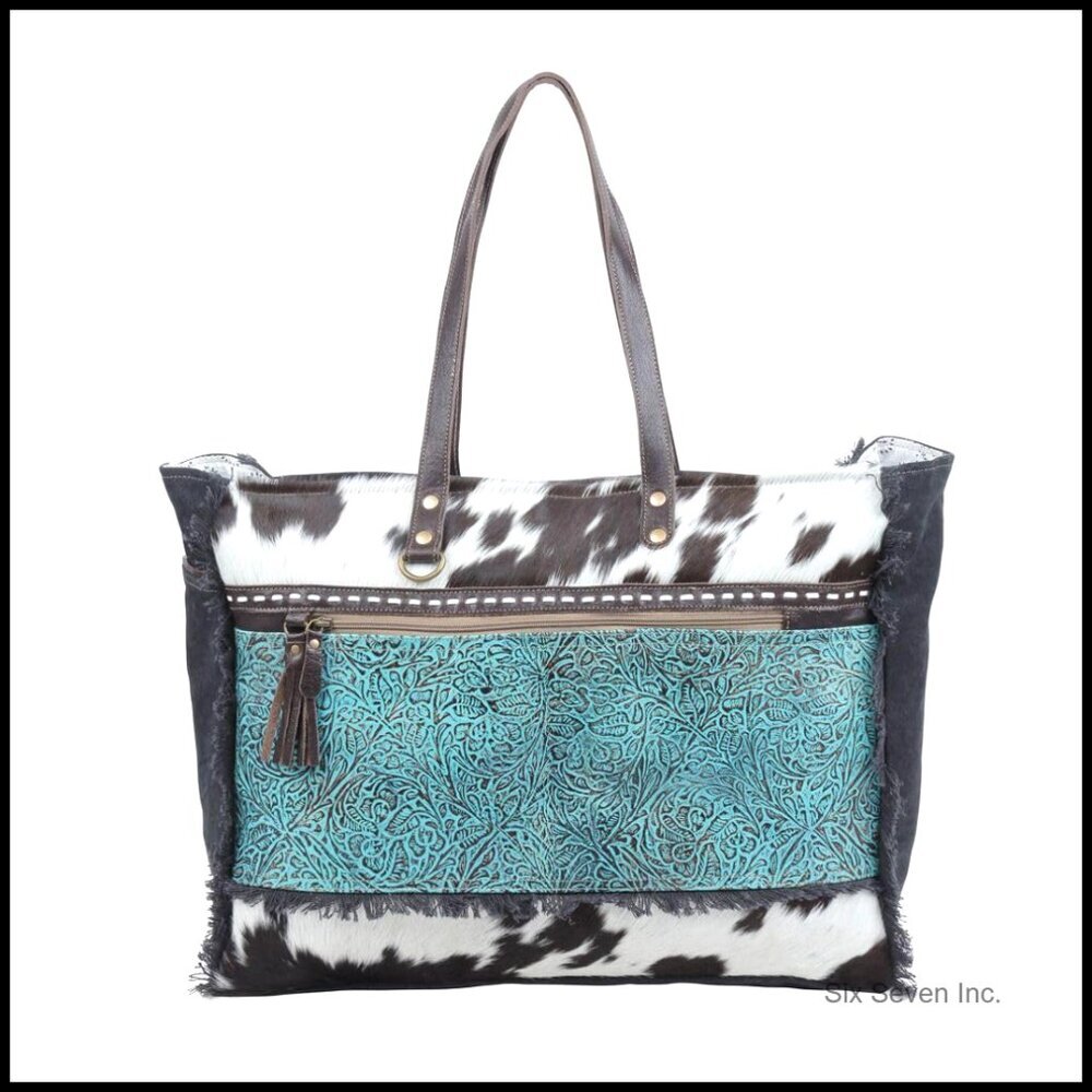 Cowhide Bag with Leather Strap, Paisley Pattern Western Purse
